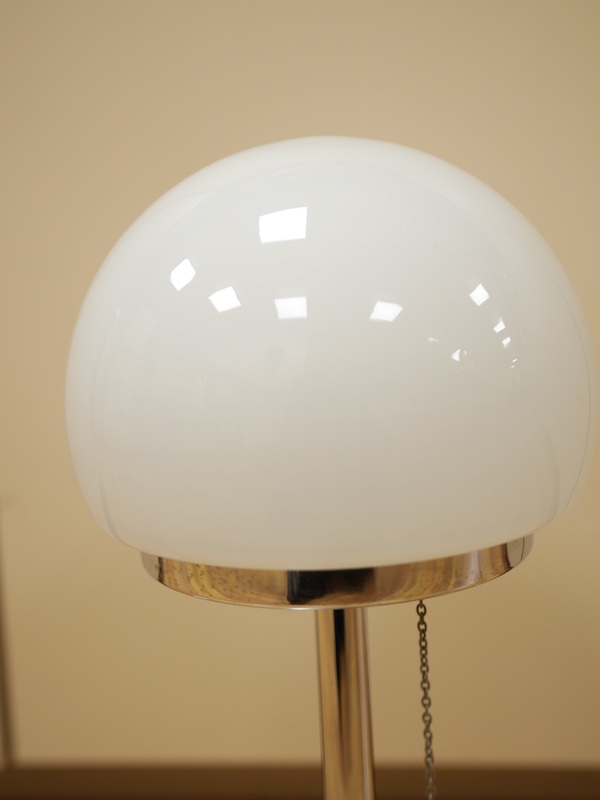 A 1970’s French S.C.E. cloud/mushroom form chrome table lamp with white glass shade. 42cm high. Condition - good